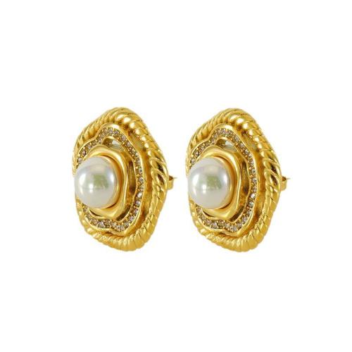 Rostfritt stål Stud Örhängen, 304 rostfritt stål, med Plast Pearl, Star, 18K guldpläterad, mode smycken & micro bana cubic zirconia & för kvinna, Säljs av Par