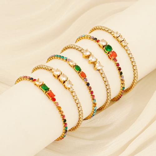 Jewelry Cruach dhosmálta Bracelet, 304 Cruach dhosmálta, 18K ór plátáilte, stíleanna éagsúla do rogha & micrea réiteach zirconia ciúbach & do bhean, dathanna níos mó le haghaidh rogha, Díolta De réir PC