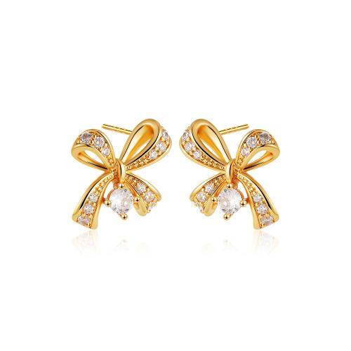 Цирконий Micro Pave латунь Серьги, Латунь, Бантик, 18K позолоченный, инкрустированное микро кубического циркония & Женский & отверстие, продается Пара