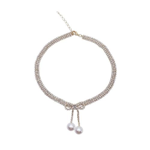 Colar de jóias de liga de zinco, with Concha de resina, with 7cm extender chain, joias de moda & para mulher & com strass, dourado, comprimento Aprox 33 cm, vendido por PC