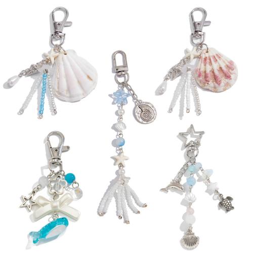 Bag Purse Charms Keyrings Keychains Zinc Alloy with Glass Beads & Seedbead & Shell & Plastic Pearl & Acrylic half handmade Unisex platinum color Sold By PC