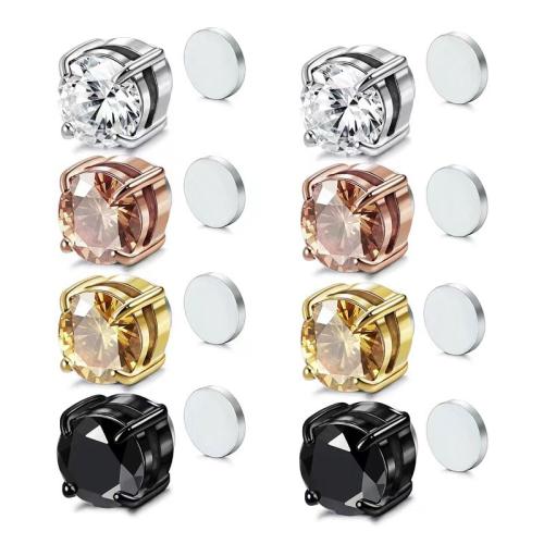 304 Stainless Steel Magnetic Stud náušnice, Kolo, unisex & micro vydláždit kubické zirkony, více barev na výběr, Prodáno By PC