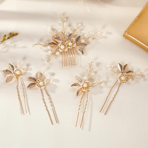 Accessori misti per capelli, lega in zinco, with filo di ottone & argilla polimero & cristallo & perla in plastica, fatto a mano, 5 pezzi & gioielli di moda & per la donna, dorato, Venduto da set
