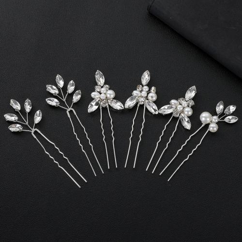 Brude hår Pins, Zinc Alloy, med messingtråd & Krystal & Plastic Pearl, håndlavet, 6 stykker & mode smykker & for kvinde, sølv, Solgt af sæt