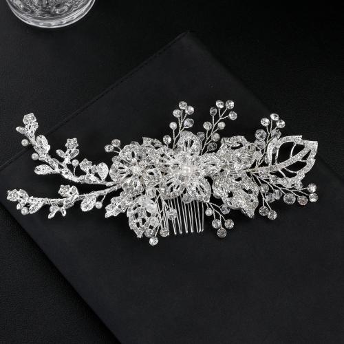 Decorative Hair Combs Zinc Alloy with brass wire & Crystal & Plastic Pearl handmade fashion jewelry & for woman & with rhinestone silver color Sold By PC