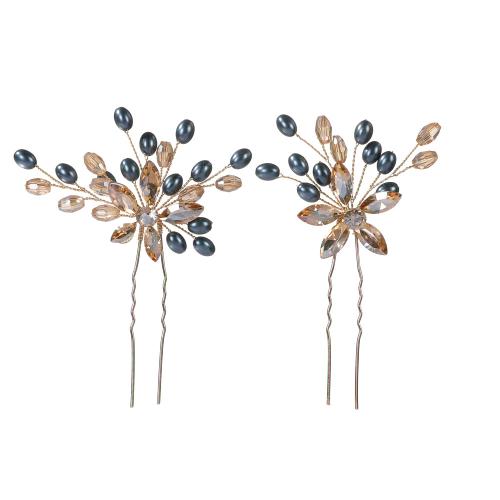 Capelli Stick, lega in zinco, with filo di ottone & cristallo & perla in plastica, fatto a mano, 2 pezzi & gioielli di moda & per la donna, dorato, 110x7x5mm, Venduto da set