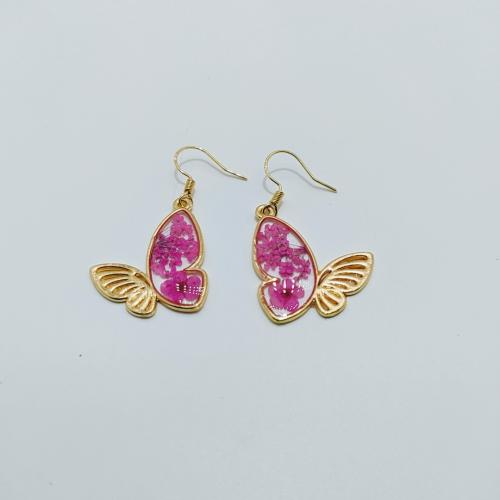 Resin Drop Earring with Dried Flower & Zinc Alloy Butterfly epoxy gel fashion jewelry & for woman Sold By Pair