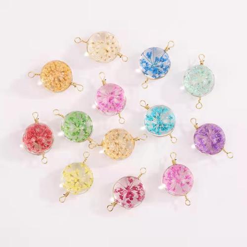 Glass Connector with Dried Flower & Zinc Alloy Round random style & DIY mixed colors 16mm Sold By PC