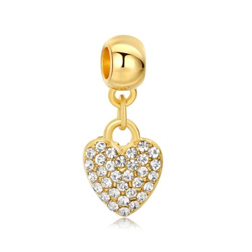 Sinc Alloy Rhinestone Pendants, Croí, dath an óir plated, DIY & le rhinestone, 10x20mm, Díolta De réir PC
