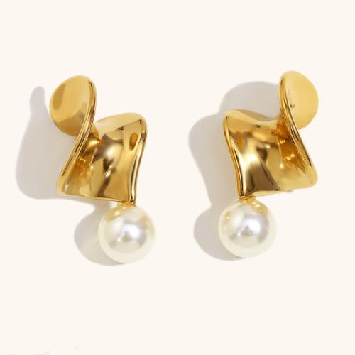Nehrđajućeg čelika Stud Naušnice, 316L Stainless Steel, s Plastična Pearl, Nepravilan, zlatna boja pozlaćen, za žene, Prodano By par