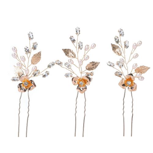 Bridal Hair Pins Zinc Alloy with brass wire & Crystal & Plastic Pearl handmade three pieces & fashion jewelry & for woman golden Sold By Set