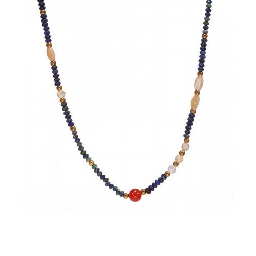 Gemstone Jewelry karoliai, 304 Nerūdijantis plienas, su Lapis Lazuli & Kubinių Zirconia & Raudona Agatas & Gėlavandeniai Shell, rankų darbo, Bižuterijos & moters, multi-colored, Pardavė PC