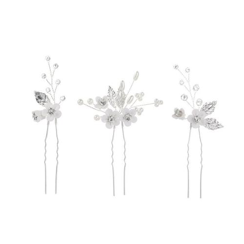 Perni dei capelli da sposa, lega in zinco, with filo di ottone & argilla polimero & cristallo & perla in plastica, fatto a mano, tre pezzi & gioielli di moda & per la donna, argento, 95x55x15mm, Venduto da set