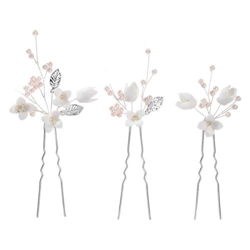 Perni dei capelli da sposa, lega in zinco, with filo di ottone & argilla polimero & perla in plastica, fatto a mano, tre pezzi & gioielli di moda & per la donna, argento, 130x45x15mm, Venduto da set
