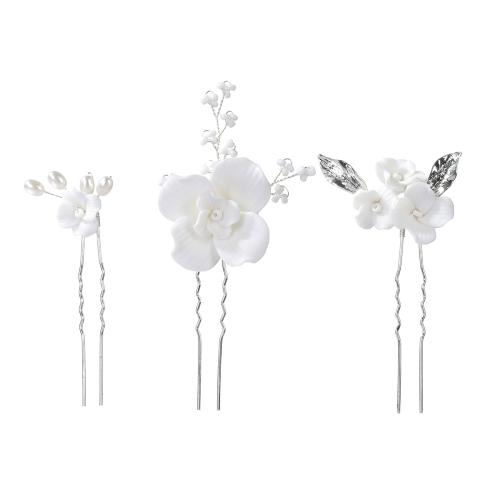 Bridal Hair Pins Zinc Alloy with Seedbead & brass wire & Polymer Clay & Plastic Pearl handmade three pieces & fashion jewelry & for woman silver color Sold By Set