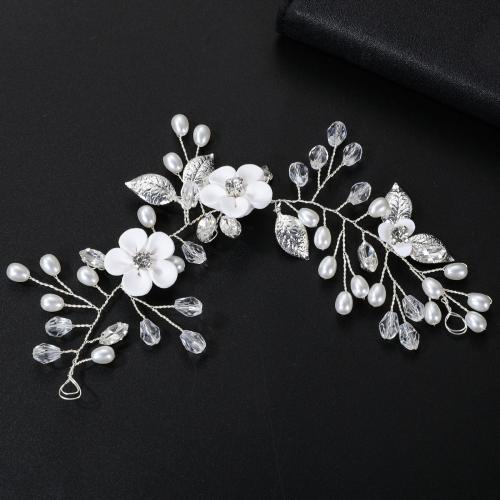 Bruids haarbloemen, Zinc Alloy, met koperdraad & Polymer Clay & Kristal & Bergkristal & Plastic Pearl, handgemaakt, mode sieraden & voor vrouw, zilver, 130x70x10mm, Verkocht door PC