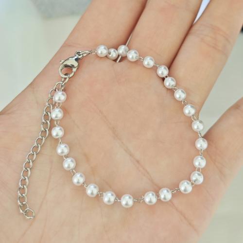 Nerezová ocel šperky náramek, 304 Stainless Steel, s Plastové Pearl, barva pozlacený, módní šperky, stříbro, Prodáno By PC