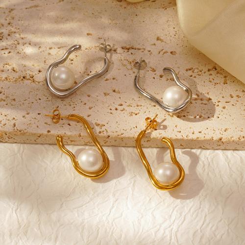 Stainless Steel Stud Earrings 304 Stainless Steel with Plastic Pearl plated for woman Sold By Pair
