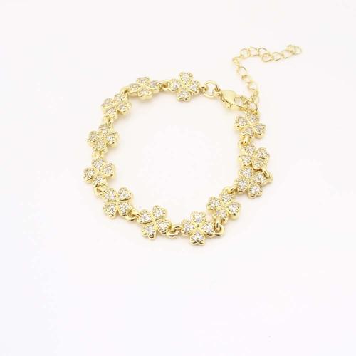 Messing Armbånd, Flower, mode smykker & Micro Pave cubic zirconia & for kvinde, gylden, Solgt af PC