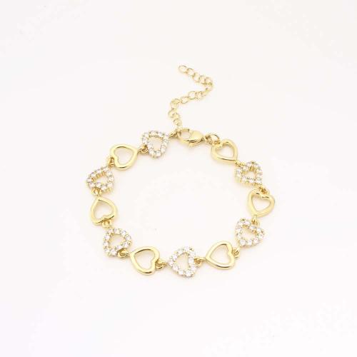 Messing Armbånd, Heart, mode smykker & Micro Pave cubic zirconia & for kvinde & hule, gylden, Solgt af PC