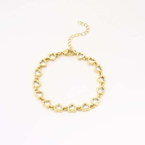 Messing Armbånd, Heart, mode smykker & Micro Pave cubic zirconia & for kvinde, gylden, Solgt af PC