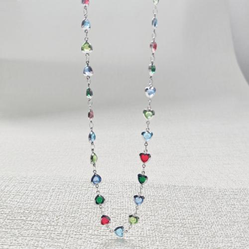 Stainless Steel Jewelry Necklace 304 Stainless Steel plated fashion jewelry & micro pave cubic zirconia silver color Sold By PC