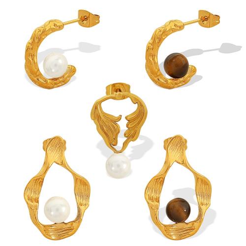Stainless Steel Stud fülbevaló, 304 rozsdamentes acél, -val Üveggyöngyök, arany színű aranyozott, különböző anyagok a választás & különböző stílusokat a választás & a nő & üreges, Által értékesített pár