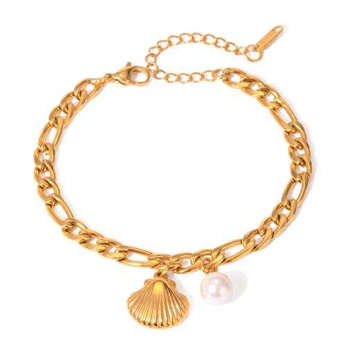 Nerūdijančio plieno papuošalai Apyrankės, 304 Nerūdijantis plienas, su Shell Pearl, su 5cm Extender grandinės, 18K paauksuotas, Bižuterijos & moters, Ilgis 16.5 cm, Pardavė PC