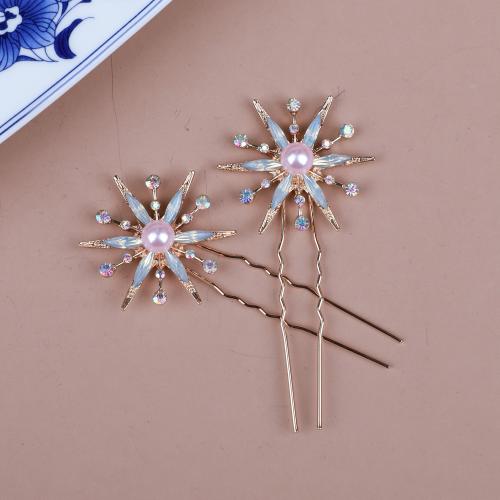 Horquillas para el Pelo Novia, aleación de zinc, con alambre de latón & diamantes de imitación & Perlas plásticas, hecho a mano, 2 piezas & Joyería & para mujer, color de rosa dorada, 80x35x10mm, Vendido por Set