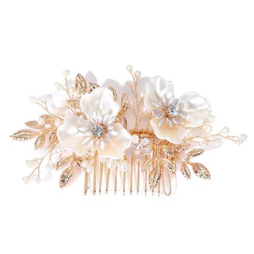 Svatební Dekorativní vlasy hřeben, Zinek, s mosazný drát & Polymer Clay & Plastové Pearl, ruční práce, módní šperky & pro ženy & s drahokamu, zlatý, 140x100x10mm, Prodáno By PC