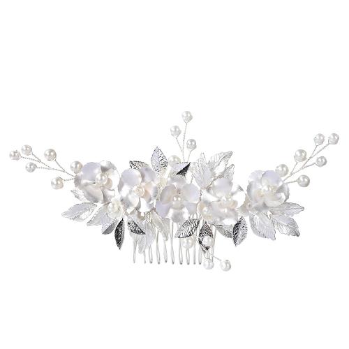 Bröllops Dekorativa hår kam, Zink Alloy, med mässingstråd & Plast & Plast Pearl, handgjord, mode smycken & för kvinna, silver, 140x80x5mm, Säljs av PC
