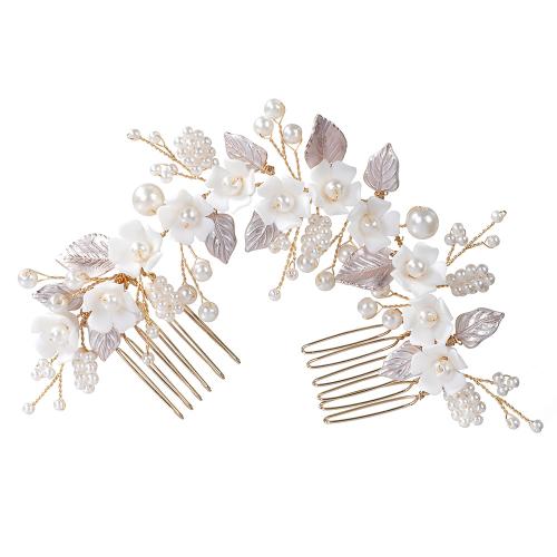 Bruids decoratieve kammen, Zinc Alloy, met koperdraad & Polymer Clay & Plastic Pearl, handgemaakt, mode sieraden & voor vrouw, gouden, 160x80x15mm, Verkocht door PC
