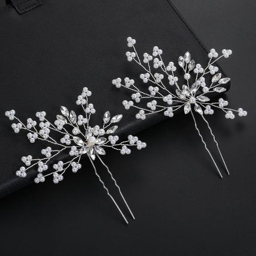 Hair Bands Zinc Alloy with brass wire & Crystal & Plastic Pearl handmade fashion jewelry & for woman silver color Sold By Pair