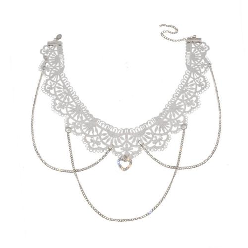 Rhinestone Choker, Cinko lydinys, su Nėriniai, rankų darbo, Bižuterijos & moters & su Kalnų krištolas, baltas, Chain leader 35cm wide; 3.8cm extended chain length; 10.5cm tassel height; 6.2cm heart-shaped length and width; X1.1 1.1 cm, Pardavė PC