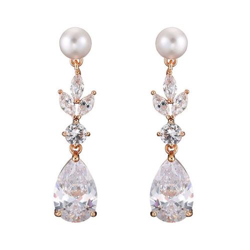 Brass Drop Earring with Cubic Zirconia & Plastic Pearl plated fashion jewelry & for woman Sold By PC