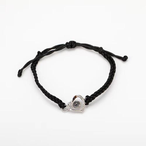 Brass Miniature Projection Bracelet with Wax Cord Heart platinum plated fashion jewelry & Unisex & with rhinestone Length Approx 6.7 Inch Sold By PC