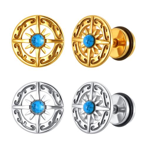 Boucle d'oreille de gaujon en acier inoxydable, Acier inoxydable 304, avec turquoise synthétique, Rond, Placage, bijoux de mode & pour homme & creux, plus de couleurs à choisir, Vendu par PC