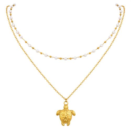 Mode Multi laag ketting, 304 roestvrij staal, met Plastic Pearl, plated, Dubbele laag & mode sieraden & voor vrouw, gouden, Verkocht door PC