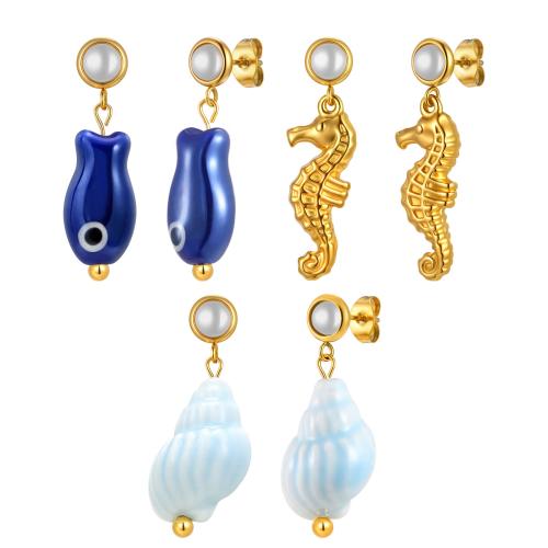Rozsdamentes acél Csepp fülbevaló, 304 rozsdamentes acél, -val Porcelán & Műanyag Pearl, galvanizált, divat ékszerek & különböző stílusokat a választás & a nő, aranysárga, Által értékesített pár
