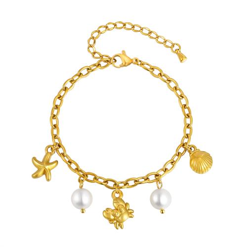 Bijoux bracelet en acier inoxydable, Acier inoxydable 304, avec perle de verre, Plaqué or 18K, bijoux de mode & pour femme, Vendu par PC