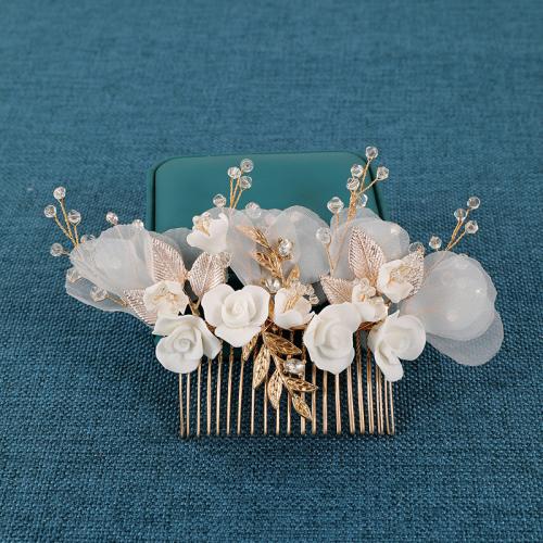 Decoratieve Kammen, Zinc Alloy, met Gaas & koperdraad & Polymer Clay & Kristal, handgemaakt, mode sieraden & voor vrouw, gouden, 140x140x65mm, Verkocht door PC