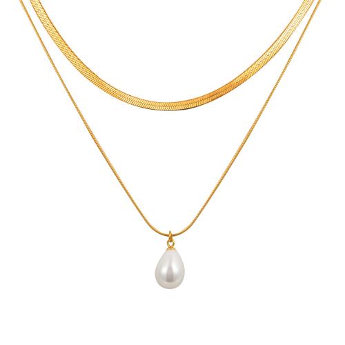Multi Layer Necklace 304 Stainless Steel with Plastic Pearl plated Double Layer & fashion jewelry & for woman golden Sold By PC