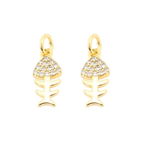 Cubic Zirconia Micro Pave Brass Pendant Fish Bone DIY & micro pave cubic zirconia & hollow golden Sold By PC