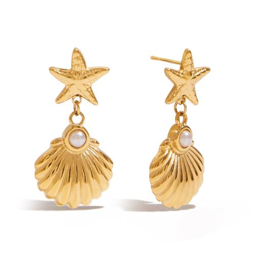 Brinco de gota de aço inoxidável, Aço inoxidável 304, with Shell Pearl, banhado, joias de moda & para mulher, dourado, vendido por par