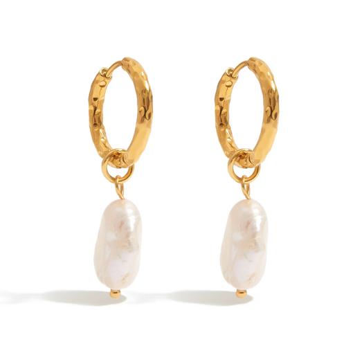 Stainless Steel Drop Earring 304 Stainless Steel with Plastic Pearl plated fashion jewelry & for woman golden Sold By Pair