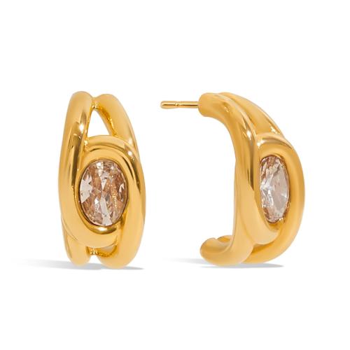 Stainless Steel Stud Earrings 304 Stainless Steel with Cubic Zirconia plated fashion jewelry & for woman golden Sold By Pair