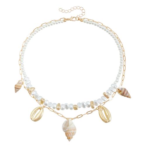 Zinklegering halskettingen, Zinc Alloy, met Trumpet Shell & Plastic Pearl, plated, Dubbele laag & mode sieraden & voor vrouw, gouden, Verkocht door PC