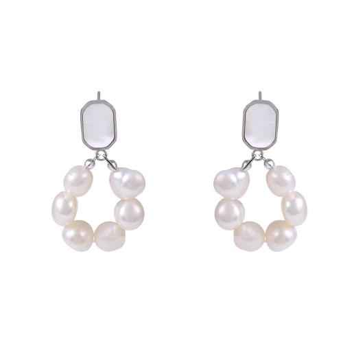 Stainless Steel Drop Earring 304 Stainless Steel with Shell & Freshwater Pearl plated fashion jewelry & for woman Sold By PC