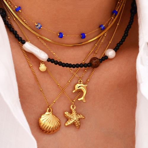 Titanium Steel Bracelet and Necklace with Natural Stone & Freshwater Pearl gold color plated & for woman Sold By PC