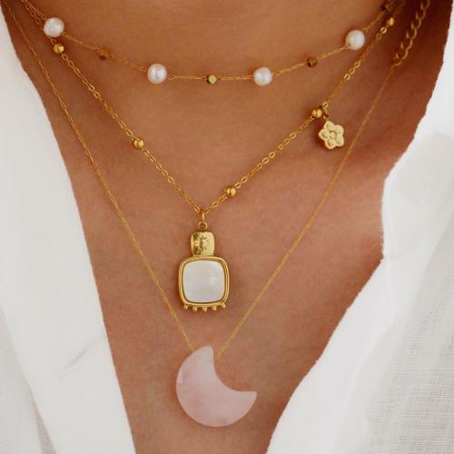 Titanium Staal Armband en ketting, met Edelsteen & White Shell & Plastic Pearl, gold plated, verschillende stijlen voor de keuze & voor vrouw, Verkocht door PC
